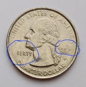 1999 P Washington Quarter Dollar, Mint Mark, Multiple Error Coin. "BERTY" & "IN" - Picture 1 of 9