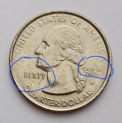 1999 P Washington Quarter Dollar, Mint Mark, Multiple Error Coin. "BERTY" & "IN" - Image 1 of 4