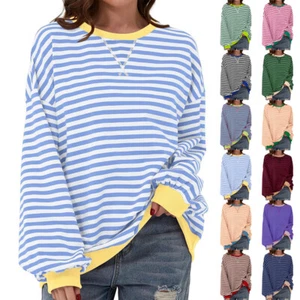 Women Jumper Pullover Stripes Sweatshirt Lady Casual Blouse Baggy Tops Size 8-20 - Picture 1 of 48