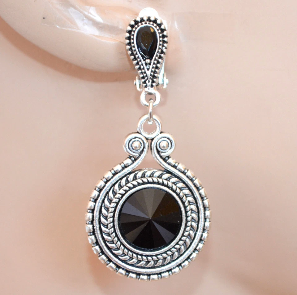 Orecchini donna a clips argento cristalli neri cerchi pendenti etnici UW41 - Immagine 1 di 1