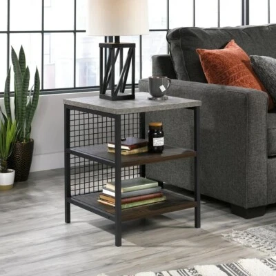 Sauder Modern Metal & Wood Side Storage End Table Slate Top Walnut Shelves NIB - Image 1 of 4