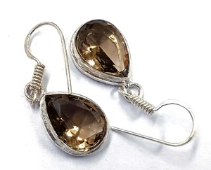 26 CT BROWN SMOKEY 925 STERLING SILVER EARRING PEAR CUT GEMSTONE 5ARQ - Picture 1 of 7