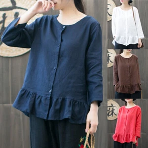 Femme Lin 4/5 Manches Longues Ourlet Chemise Bouton Bas Ample Haut Rétro Ethnic - Foto 1 di 16