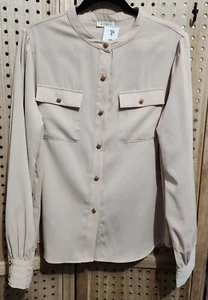 Womens KORI America Beige Button Down Dress Shirt Large Blouse Dressy Polyester - Picture 1 of 8