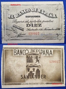 Banco de España SANTANDER. 10 pesetas year 1936. RARE No. 129927. VERY ACCEPTABLE. - Picture 1 of 1