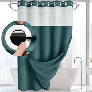 No Hook Shower Curtain with Snap Liner Set and Top Sheer Window 75"x72" - Picture 1 of 10