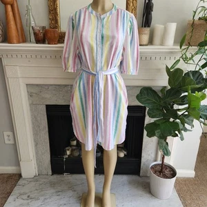 GAP weiß gestreiftes Hemdblusenkleid gelb blau pastell Leinen Sommer Coastal Größe L - Bild 1 von 10
