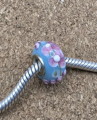 AUTHENTIC 3D PINK WHITE FLOWERS BLUE GLASS MURANO CHARM BEAD STERLING SILVER  - Image 1 of 3