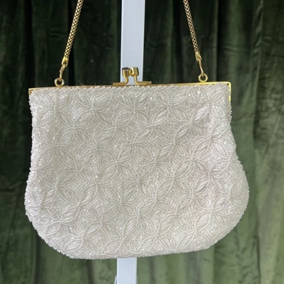 Vintage Bridal Ivory White Beaded Iridescent Sequin Clutch Evening Bag Purse - Image 1 of 4