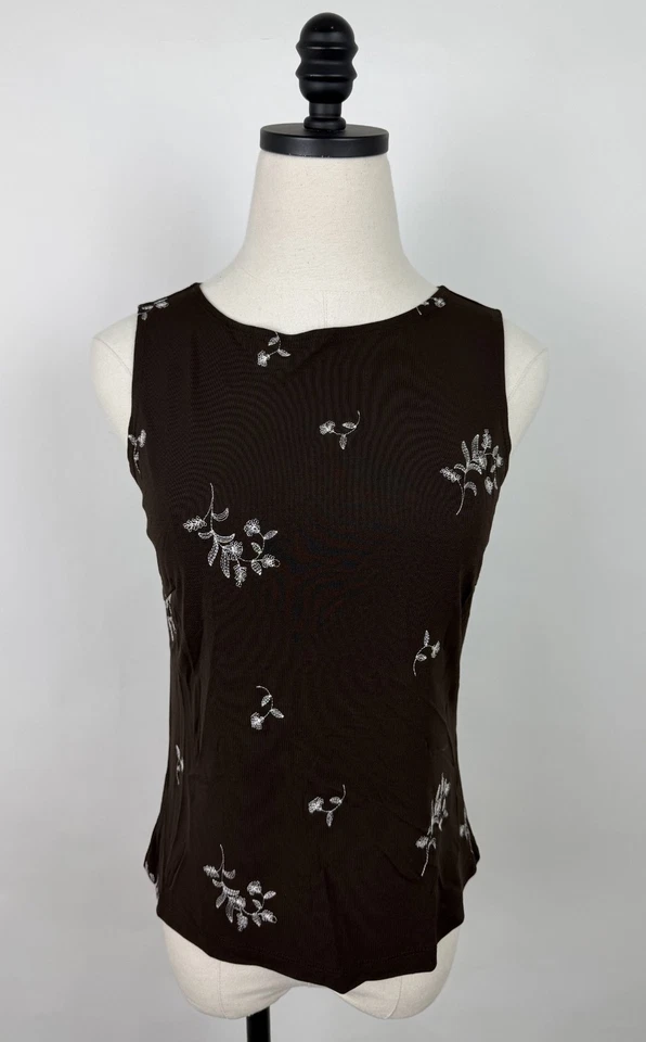 Camiseta sin mangas vintage años 90 para mujer pequeña marrón chocolate oscuro floral concha bordada Foto 1 de 4