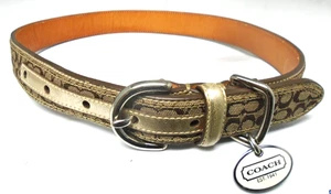 COACH GOLD LEATHER BROWN JACQUARD SIGNATURE C DOG PET COLLAR 8837 SIZE XL - Picture 1 of 13