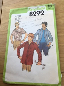 1978 Original SIMPLICITY SEWING Pattern 8292 shirt size 42 & 44 CUT FREE P&P - Picture 1 of 4