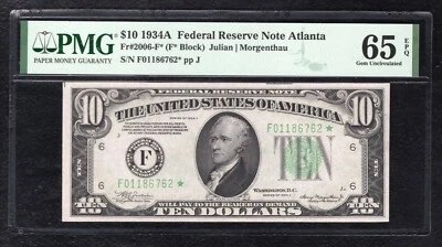 FR. 2006-F* 1934-A $10 *STAR* FEDERAL RESERVE NOTE ATLANTA, GA PMG GEM UNC-65EPQ - Image 1 of 2