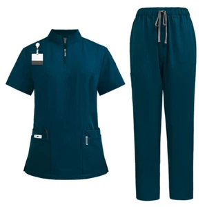 NiaaHinn Scrub Set Women Nurse Uniform Stretch Stand-Up Collar Straight Leg Pant - Picture 1 of 25