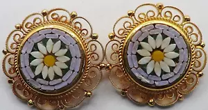 SPLENDIDI ORECCHINI vintage ITALIA MICRO MOSAICO PLACCATO ORO 24K clip su - Foto 1 di 4
