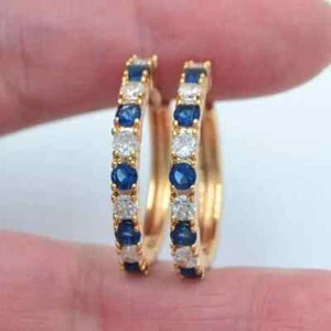 2Ct Round Lab Created Blue Sapphire Huggie Hoop Earrings 14K Yellow Gold Plated - Picture 1 of 4