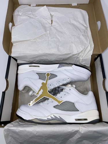 Scarpe Nike Air Jordan 5 Retro Low GG TAGLIA 7Y bianche nere grigio lupo 819172 122