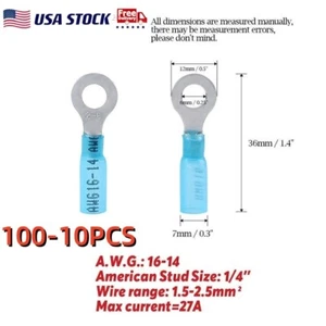 100 Stck. Blau 16-14AWG Schrumpf Draht Crimp Verbinder 1/4 Zoll Klemmen Öse Ring - Bild 1 von 11