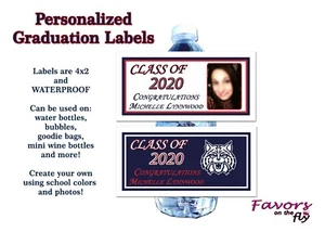 40 2025 Graduation Water Bottle Bubbles Labels Personalized photo school colors - Picture 1 of 1