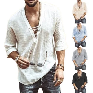 Mens Medieval Pirate Shirt Lace Up V-Neck Casual Tops Long Sleeve T-Shirt Blouse - Picture 1 of 12