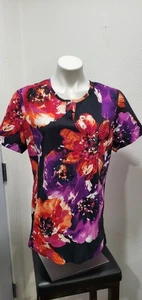 Landau Womens L Scrub Top V-Neck Floral Short Sleeve Pockets EUC - Picture 1 of 7