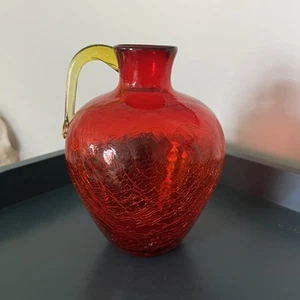 Vintage Pilgrim Co. Ruby Red Hand Blown Crackle Glass Optic Jug Vase - Picture 1 of 9