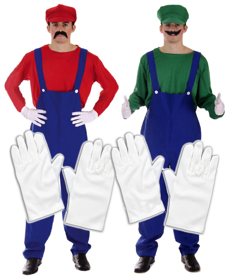 Mario and Luigi Bros 80s 90s Vestido Elegante Fontanero Trabajador Conjunto con 2 x Guantes Foto 1 de 1