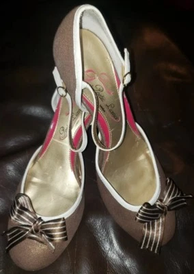 Licencia Poética Tilly Bronce Lona Mary Jane Tacón con Arco a Rayas Talla 9.5 Foto 1 de 4