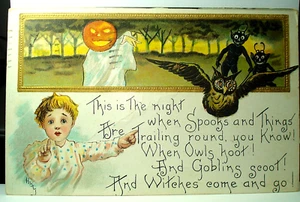 Cartolina d'epoca 1910 HALLOWEEN WARNING streghe e goblin ROCHESTER NY - Foto 1 di 2