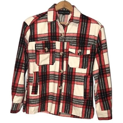 KENDALL + KYLIE | Chaqueta de camionero de gran tamaño a cuadros roja para mujer talla XS Foto 1 de 4