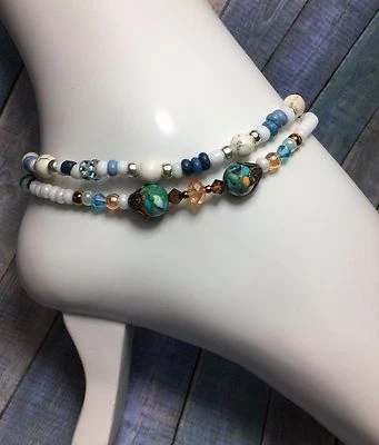 (2) Handmade Howlite Turquoise Anklet/Ankle Bracelets W/Swarovski Elements USA - Image 1 of 3