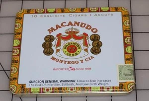 MACANUDO Metal CIGAR TIN BOX Hinged Lid Vintage W/ DOMINICAN TAX STAMP - Picture 1 of 1