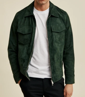 Men's 100% Pure Suede Leather Jacket Green Biker Jacket Casual Wear Shirt - 130 - Image 1 of 4