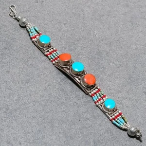 Tibetan Turquoise Red Coral Handmade Bohemian Jewelry Nepali Bracelet 7" SR 3208 - Picture 1 of 7