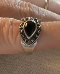 Anello MRF argento sterling onice marcasite misura 7 vintage goccia est ovest - Foto 1 di 6