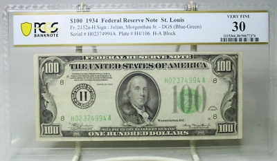 1934 $100 Federal Reserve Note St. Louis Fr.2152 PCGS VF30 #4994 - Image 1 of 2