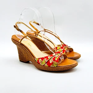 Cole Haan Shoes Womens 9 Brown Leather Red Fabric Wedge Sandals Collection Italy - Picture 1 of 13