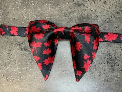 Gravata borboleta masculina feita à mão tamanho grande estilo vintage borboleta preta vermelha floral cetim - Imagem 1 de 4