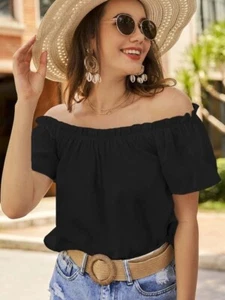 Womens Summer Frill Off Shoulder Bardot T-Shirts Casual Short Sleeve Tops Blouse - Picture 1 of 23