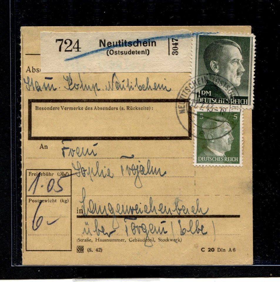 Sudetenland Stamp Neutitschein en tarjeta de registro de paquete (BLN-5) Foto 1 de 1