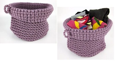 2 x Crochet Storage Basket Round Folded Elderberry Purple Woven Planter Pot 20cm - Image 1 of 4