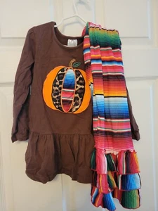 Girls 2 Piece Fall Thanksging Serape Pumpkin Shirt And Pants - Size 7/8 - Picture 1 of 6