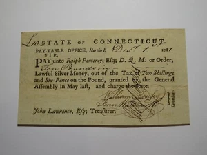 1781 Connecticut Pay Table Office Colonial Currency Note Bill! Wadsworth/Mosley - Picture 1 of 2