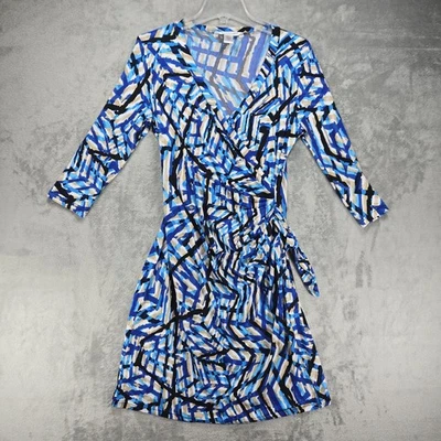 Diane von Furstenberg Silk Jersey Faux-Wrap Ruched Dress Sz 6 Blue Geometric  - Image 1 of 4