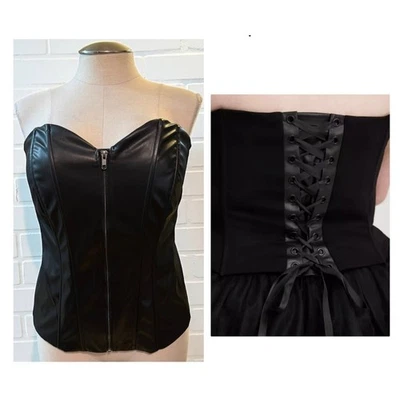 New Torrid 5 (5X 28) Sexy Black Zip Up Lace Up Back Faux Leather Corset Top - Image 1 of 4