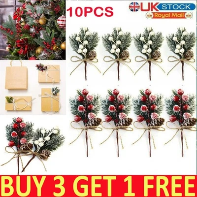 10X Christmas Artificial Pine Branch Ornament Berry Pick Holly Flower Xmas Decor - Image 1 of 4