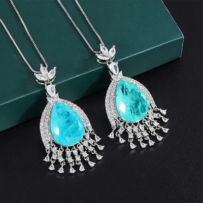 Trendy Lab Created Paraiba Tourmaline Pendant Necklace Sparkling Tassel Women - Image 1 of 4