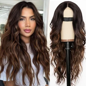 Long Wavy Brown with Blonde Highlight Lace Hairline Wigs for Women, Middle Pa... - Picture 1 of 7