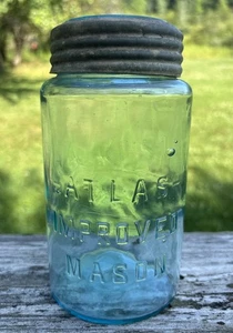 Atlas Improved Mason Jar Aqua Blue With Blue Glass Lid Quart Size - Picture 1 of 11