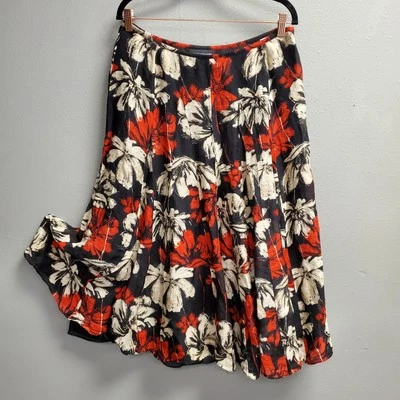 Jones New York 裙子女式 10 黑色红色白色花卉亚麻丝绸混纺 Midi — 第 1/4 张图片